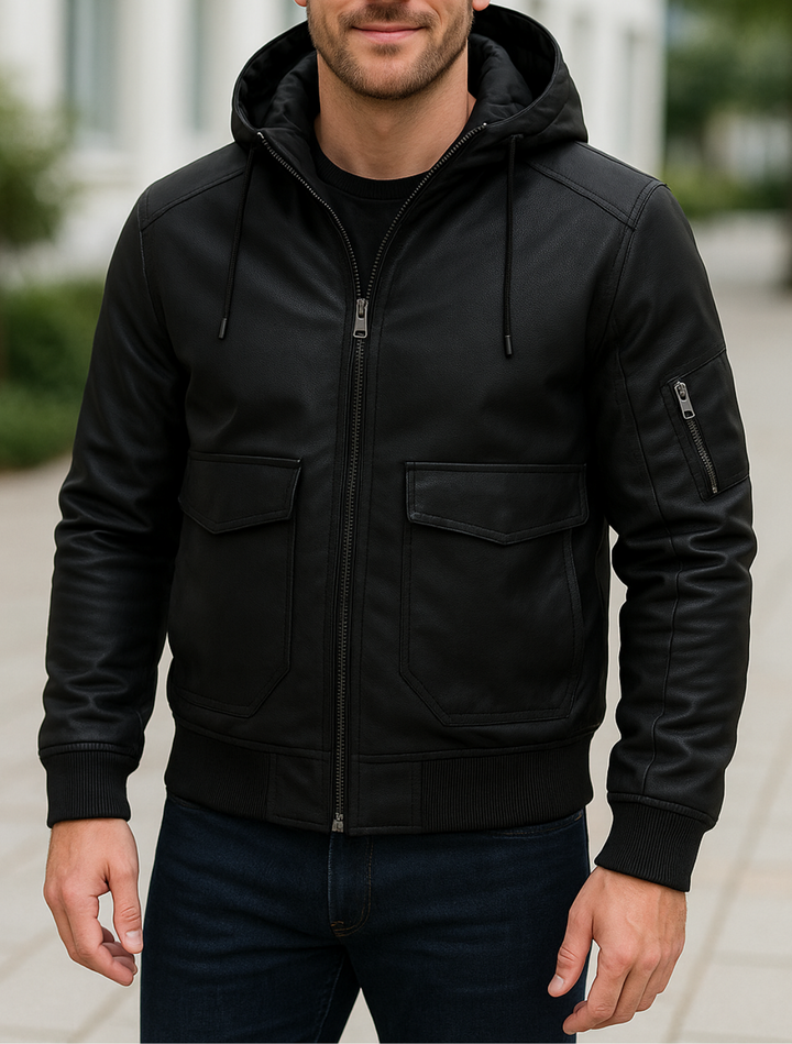 Teplá kožená bunda s odnímateľnou kapucňou