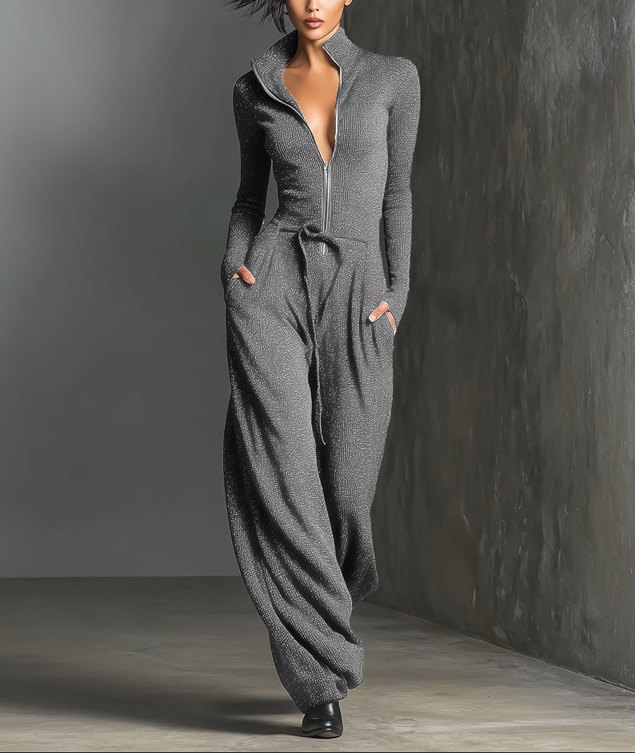 Valeria | Elegantný dámsky overal z úpletu s predným zipsom