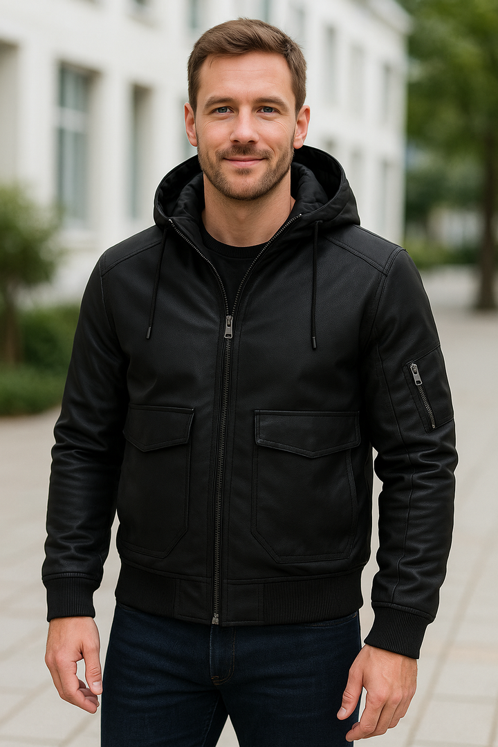 Teplá kožená bunda s odnímateľnou kapucňou