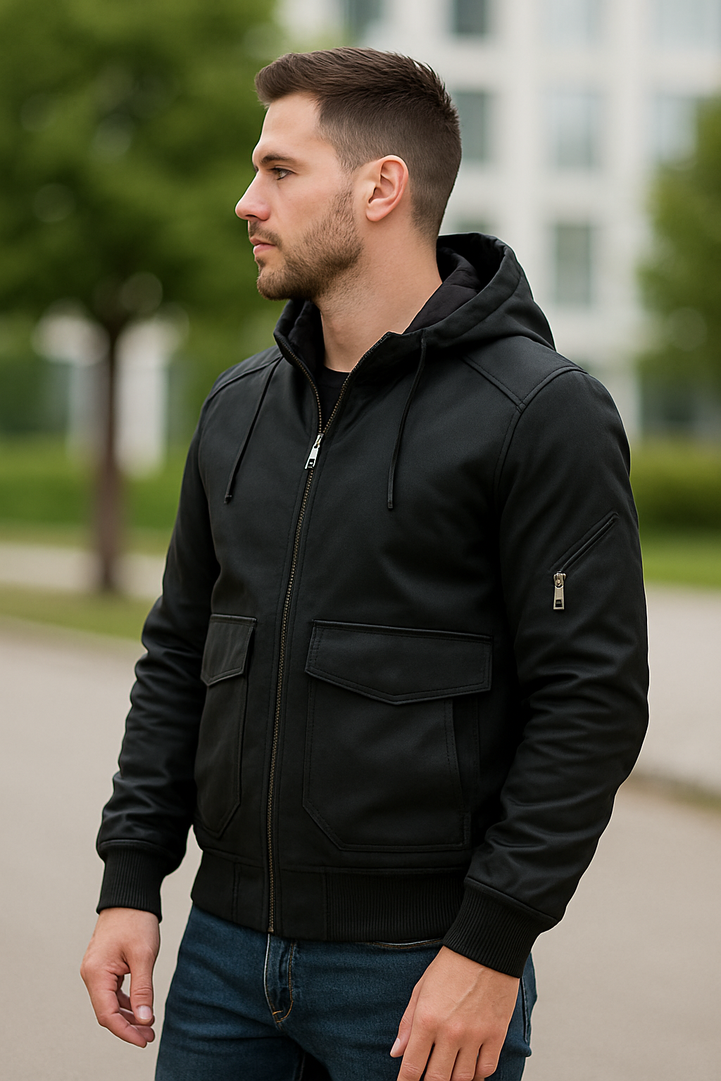 Teplá kožená bunda s odnímateľnou kapucňou