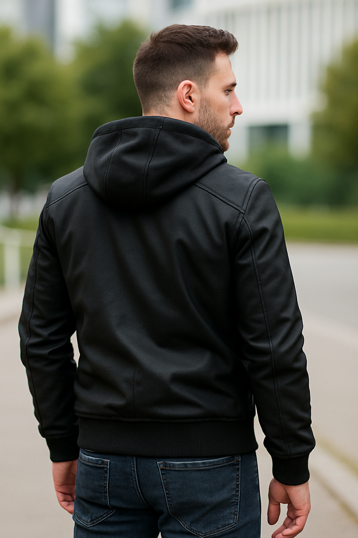 Teplá kožená bunda s odnímateľnou kapucňou