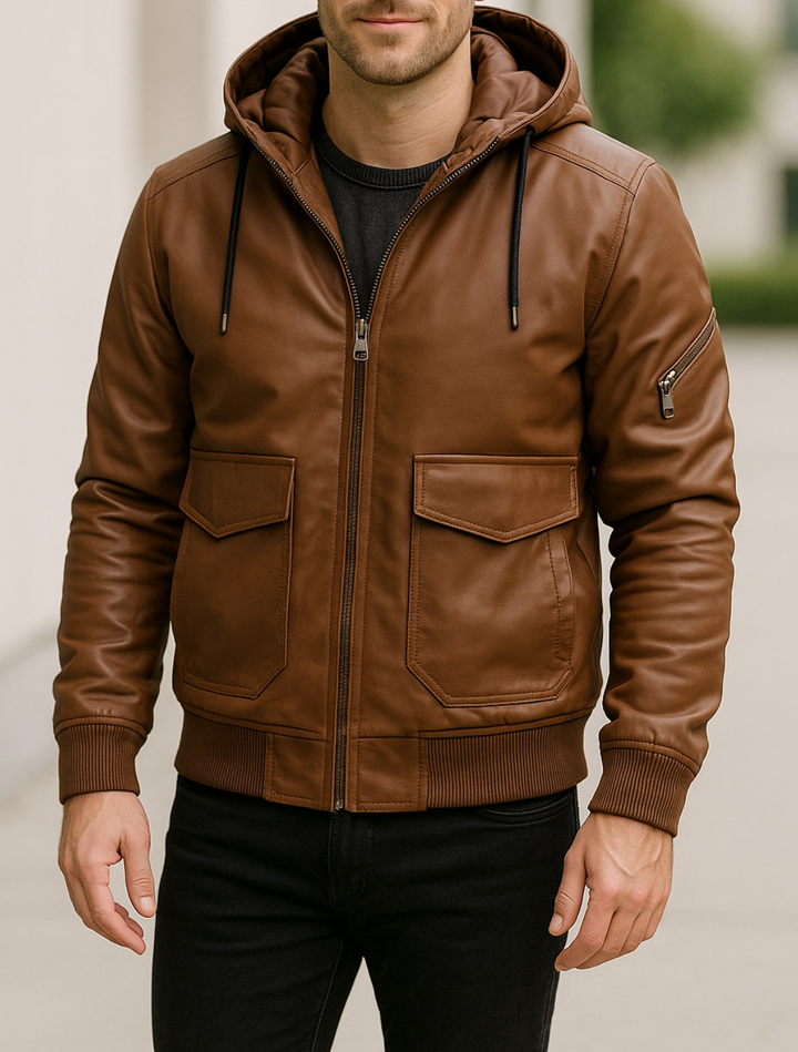 Teplá kožená bunda s odnímateľnou kapucňou