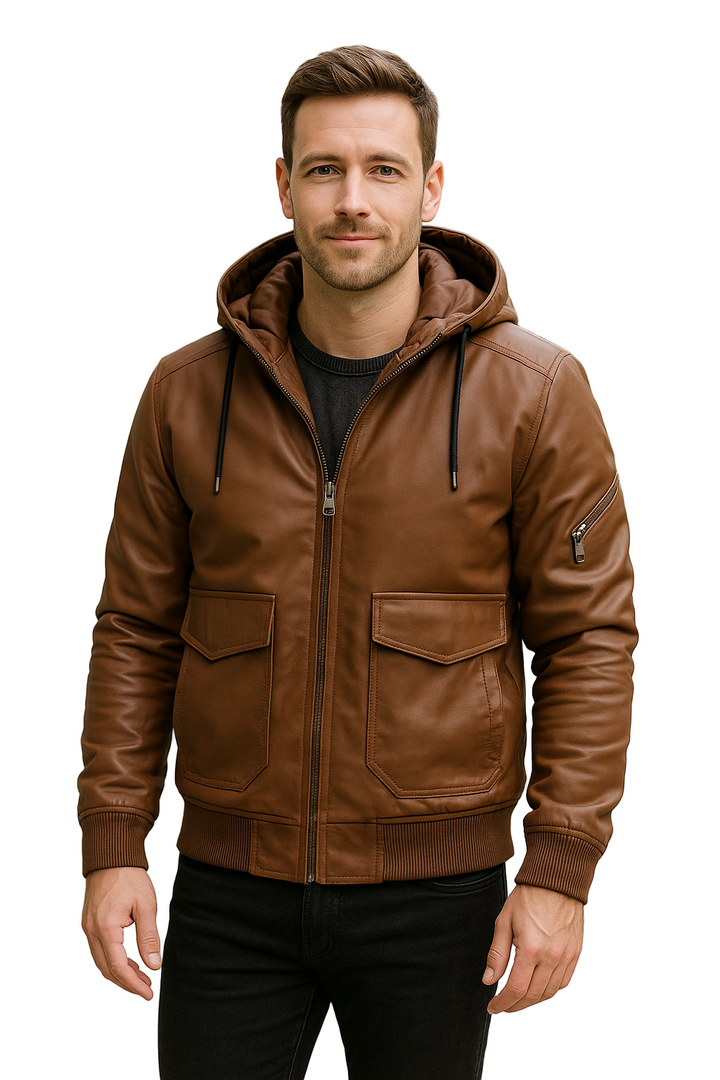 Teplá kožená bunda s odnímateľnou kapucňou