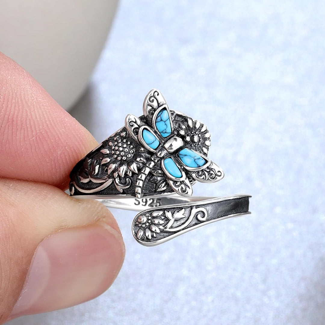 Vintage Boho Wrap Ring – Prsteň z striebra 925 s tyrkysovou lyžicou a dizajnom vážky