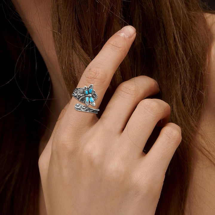 Vintage Boho Wrap Ring – Prsteň z striebra 925 s tyrkysovou lyžicou a dizajnom vážky