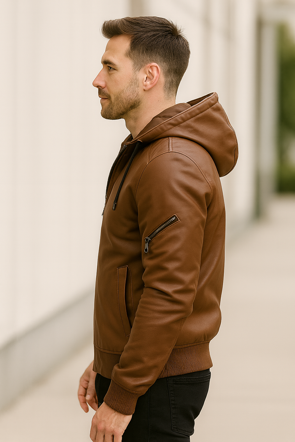 Teplá kožená bunda s odnímateľnou kapucňou