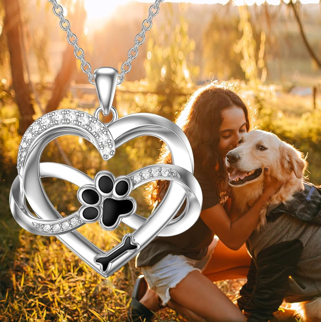 925 Sterling Silver Nekonečný Náhrdelník v Tvare Srdca a Labky so Zirkónmi