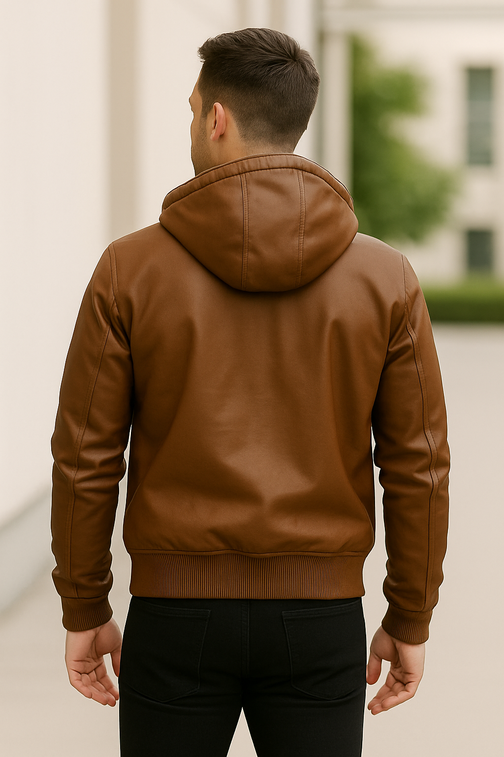 Teplá kožená bunda s odnímateľnou kapucňou