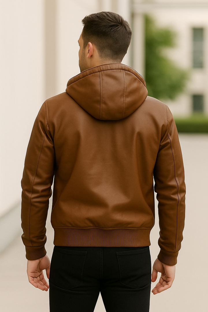 Teplá kožená bunda s odnímateľnou kapucňou