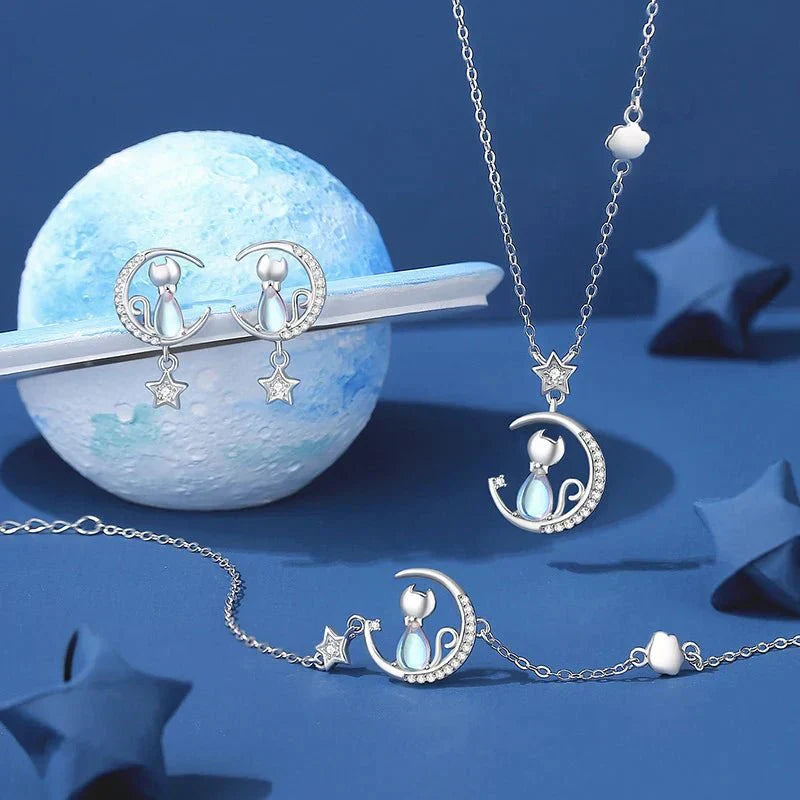 925 Sterling Silver Náušnice s Mačkou, Mesiacom, Hviezdou a Zirkónovými Akcentmi