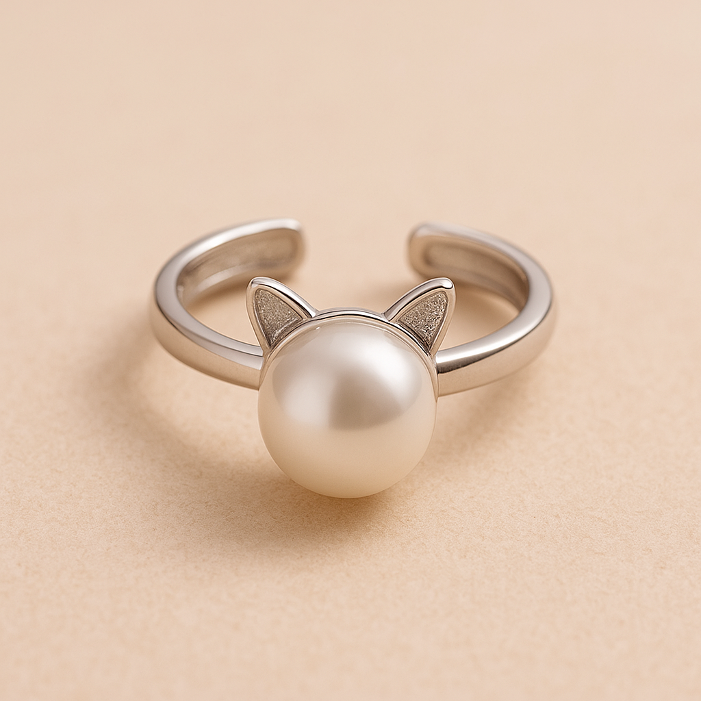 Úchvatný náhrdelník s perlou v tvare mačky so súpravou náušníc a prsteňa