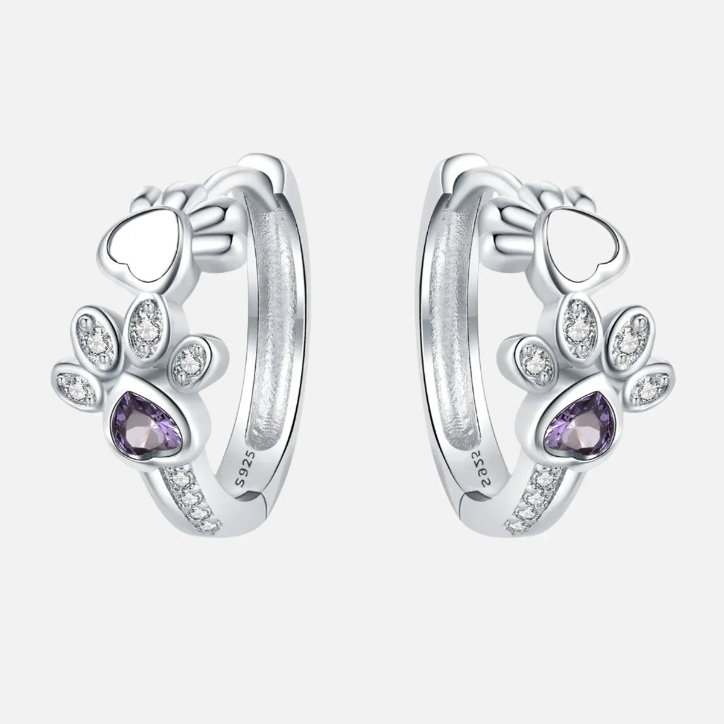 925 Sterling Silver Paw Huggie Náušnice – Ozdobené zirkónmi a srdiečkovým drahokamom