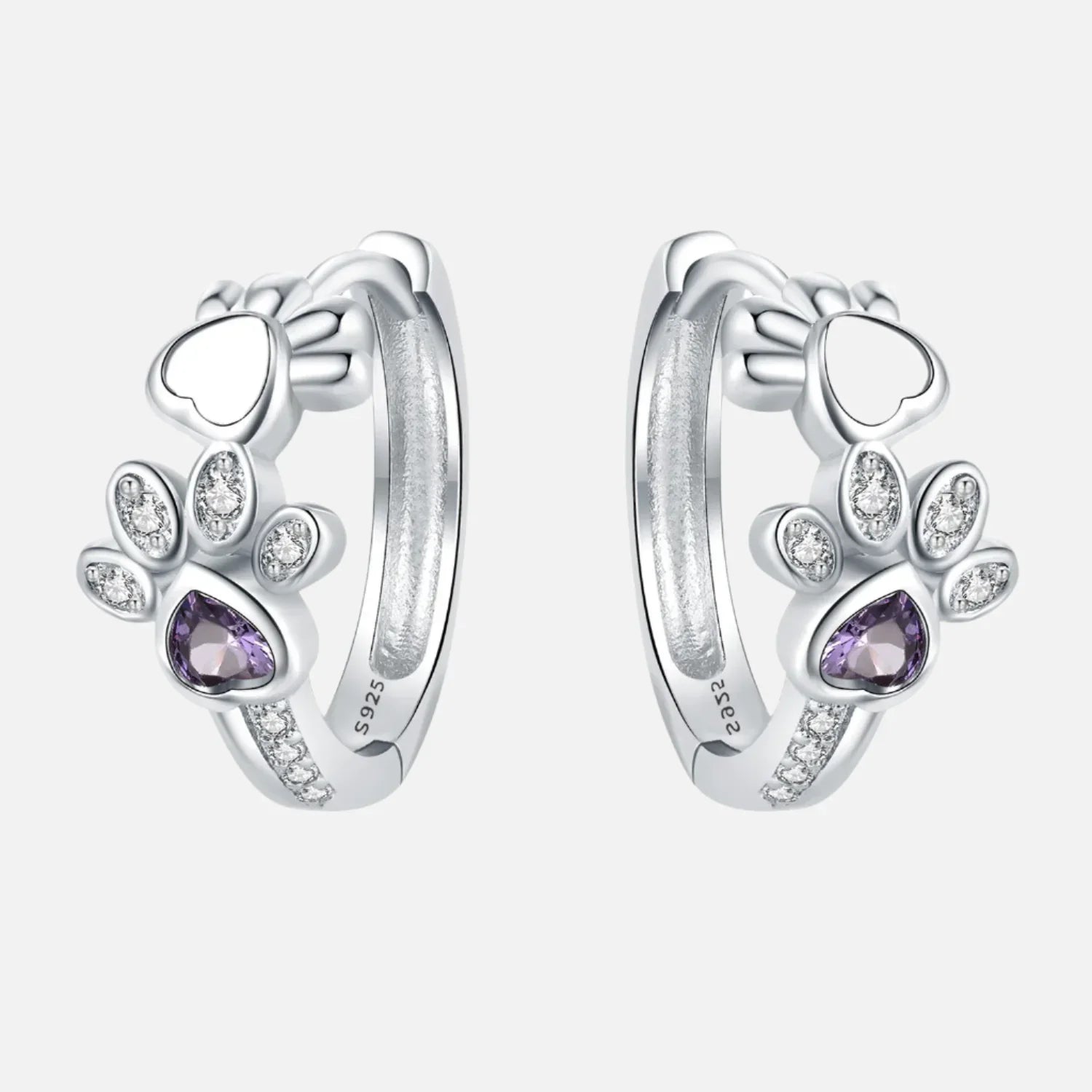 925 Sterling Silver Paw Huggie Náušnice – Ozdobené zirkónmi a srdiečkovým drahokamom