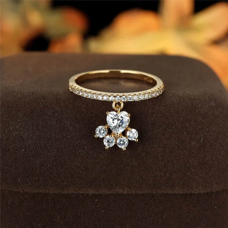 Retro Mačací Labka & Srdce Drahokam Prsteň – Zlatá a Strieborná Úprava