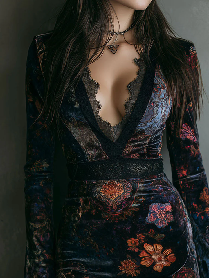 Serena | Mini šaty Slim-fit z Velvetu s Čipkou a Kvetinovou Potlačou