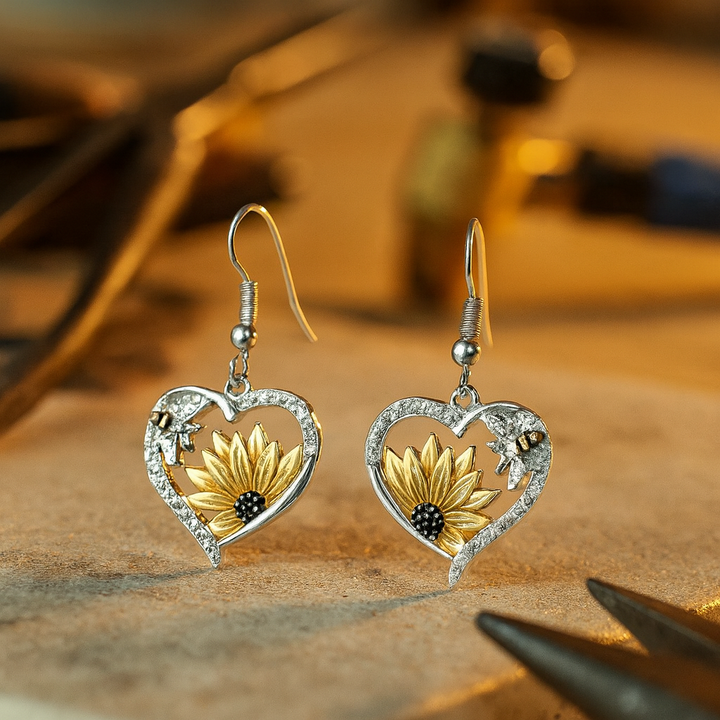 Retro Bohemské náušnice vo tvare srdca so slnečnicou a včelou
