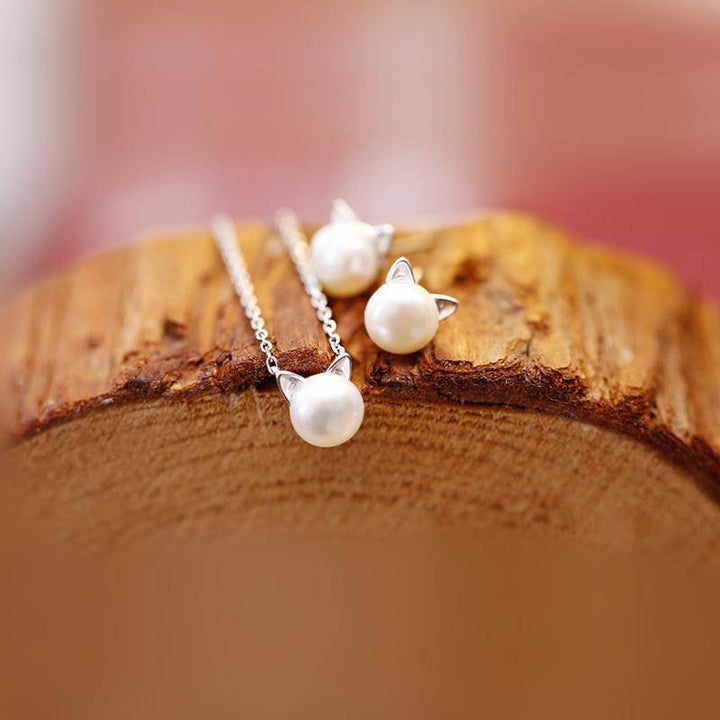 Úchvatný náhrdelník s perlou v tvare mačky so súpravou náušníc a prsteňa